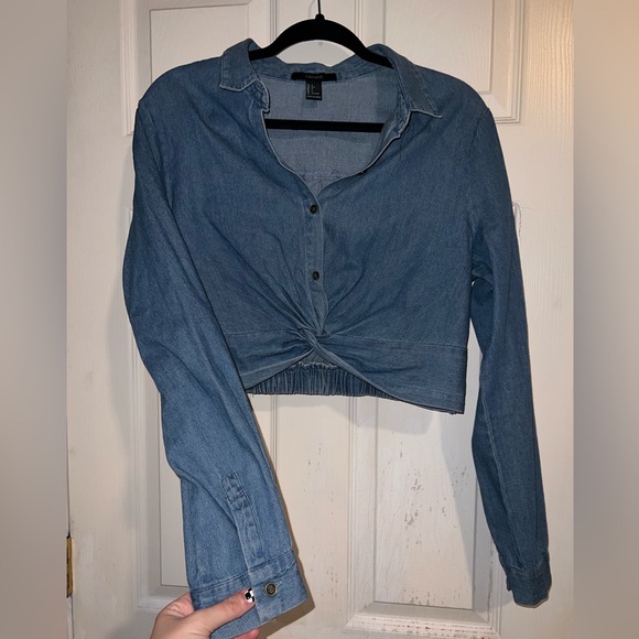 Denim button up cropped long sleeve shirt - Picture 1 of 7